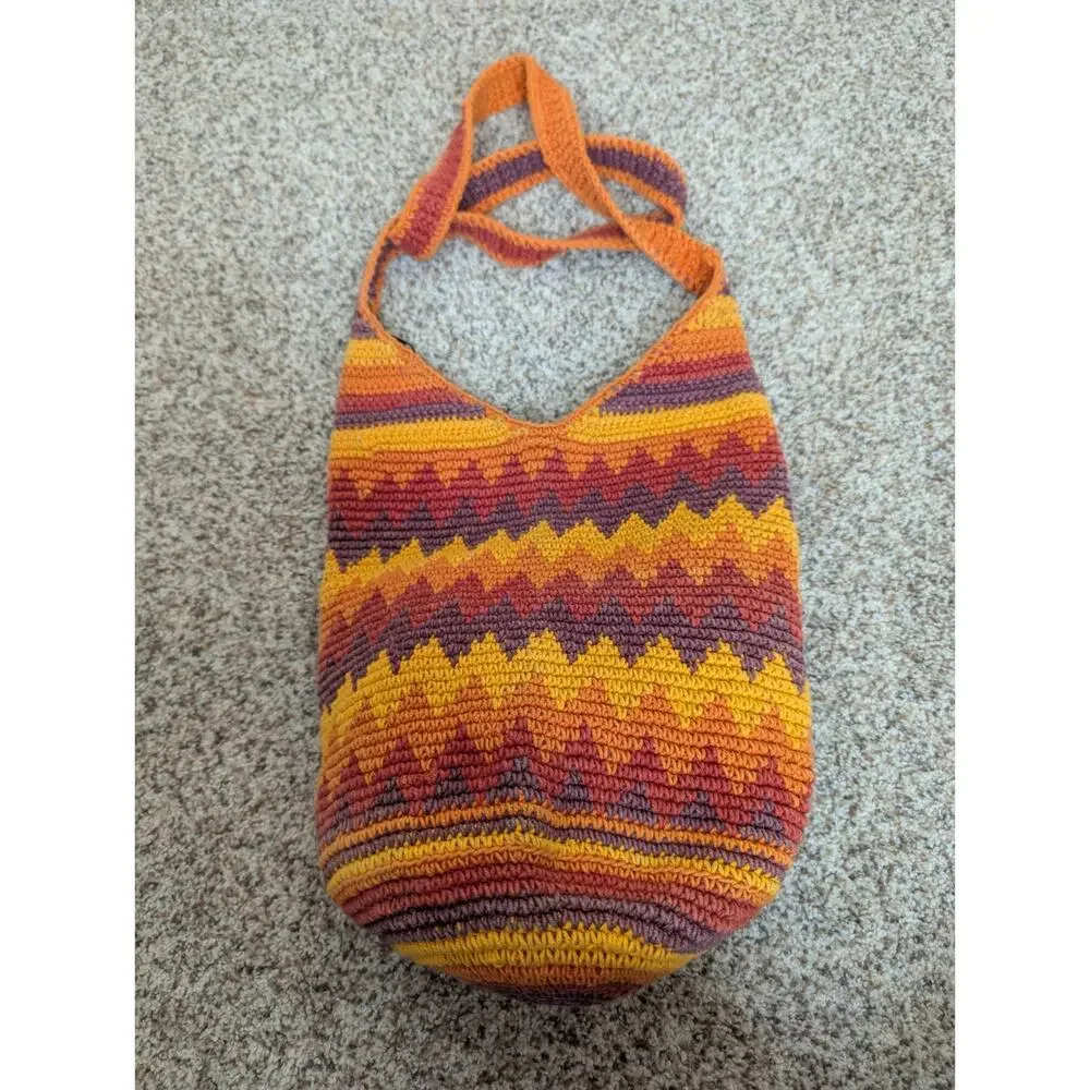 Vintage Red Yellow Orange Crochet Chevron Hobo Bucket Shoulder Bag Cross Body